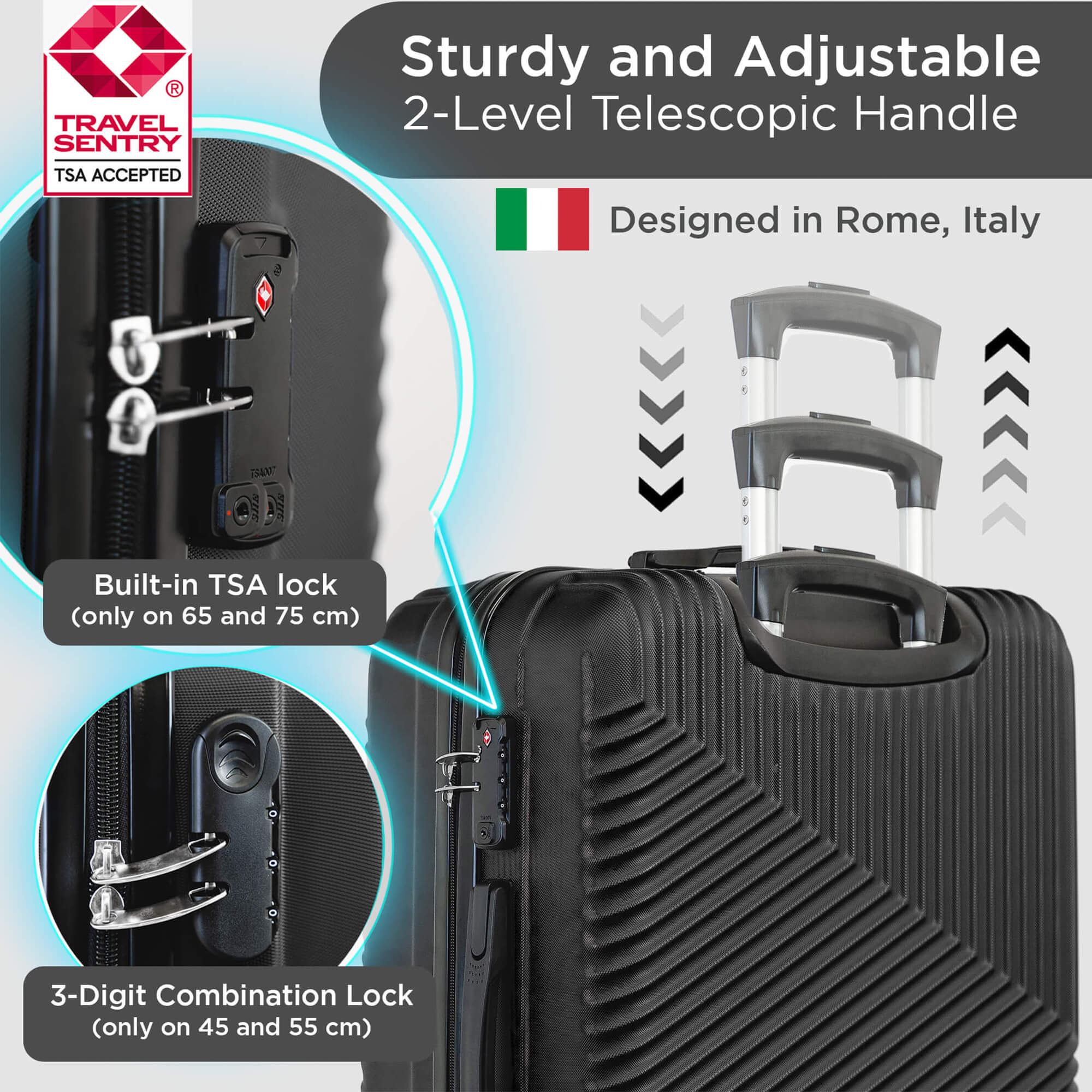 Juego de maletas rígidas Roma con ruedas giratorias de 360°, candado TSA y funda protectora