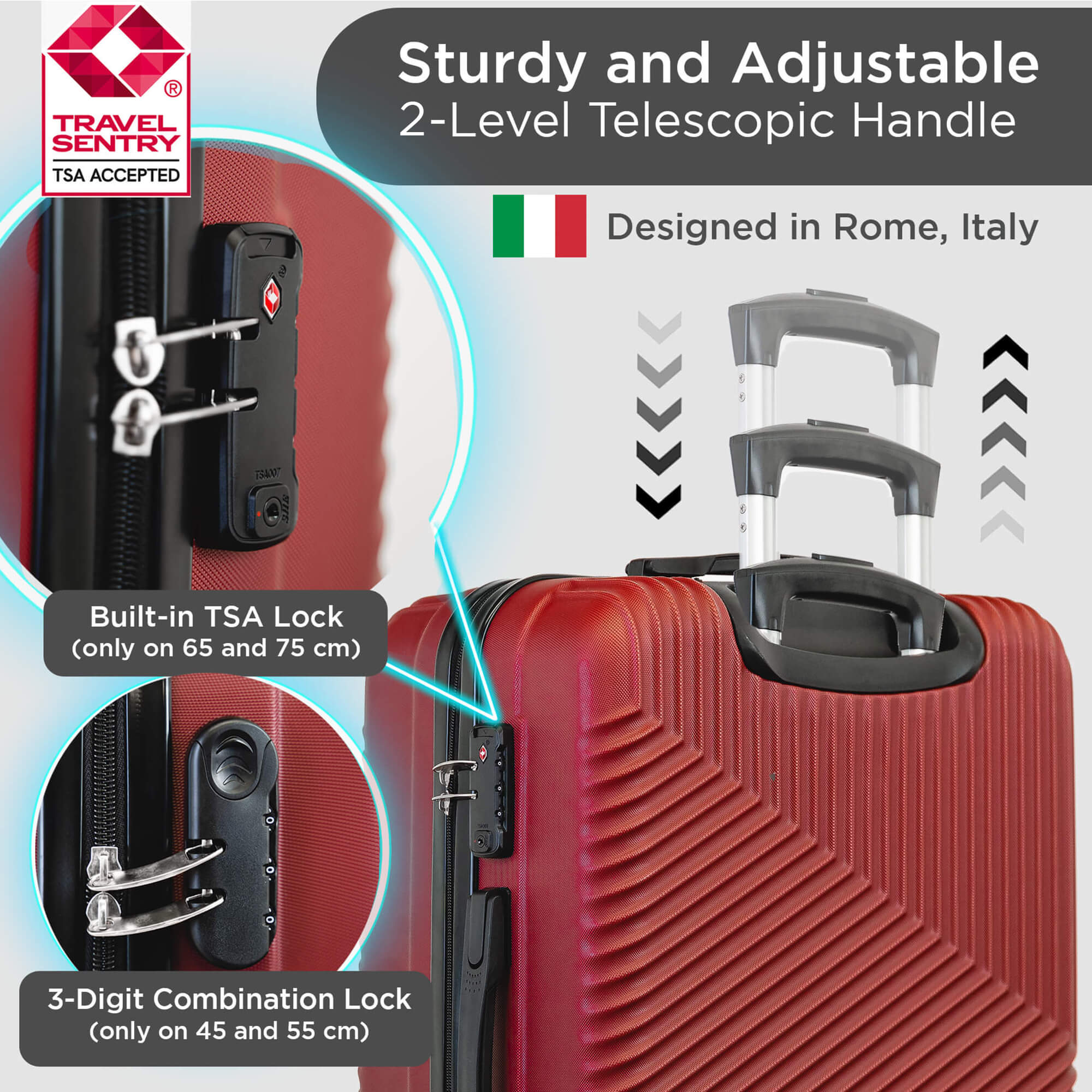 Juego de maletas rígidas Roma con ruedas giratorias de 360° y bloqueo TSA - Diseño Roma