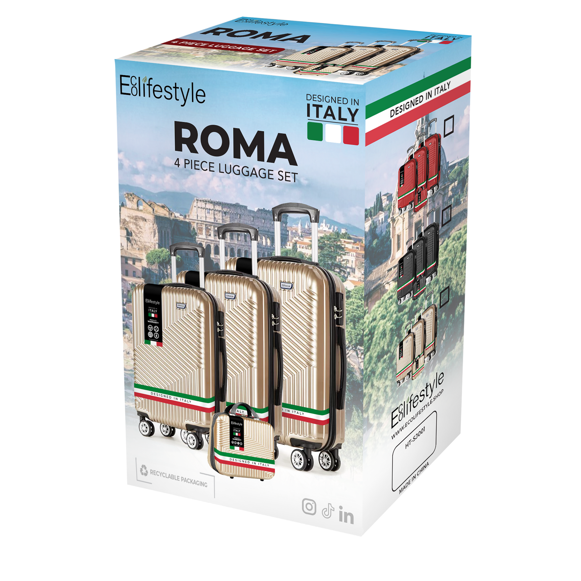 Juego de maletas rígidas Roma con ruedas giratorias de 360° y bloqueo TSA - Diseño Roma