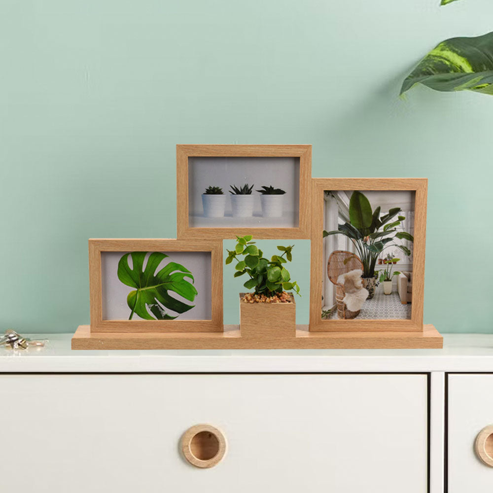 Marcos de fotos de madera para 3 fotos con planta artificial en estante