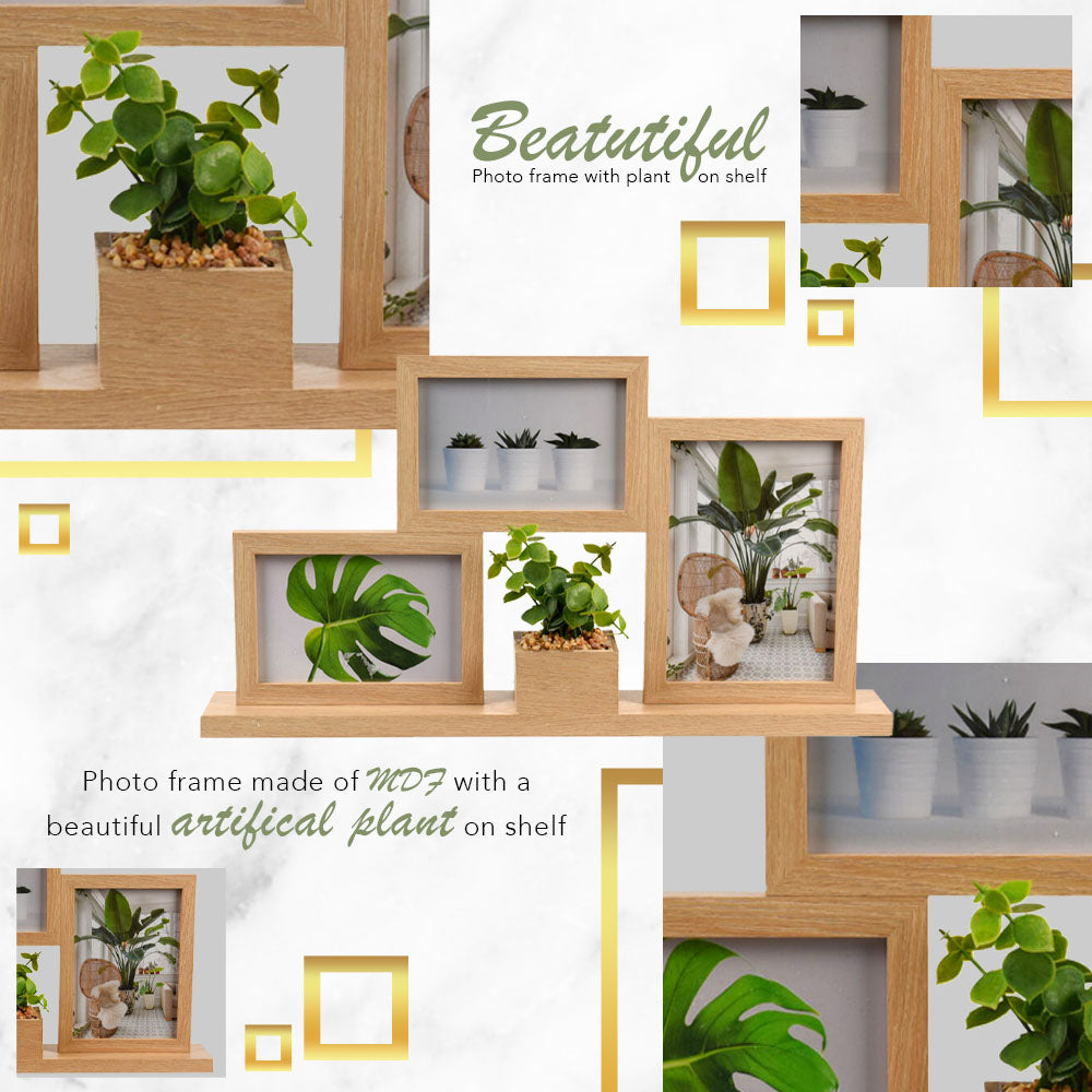 Marcos de fotos de madera para 3 fotos con planta artificial en estante