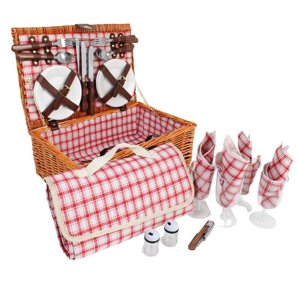 Cesta de picnic de sauce con manta de picnic plegable para 4 personas - Diseño de cuadros rosas