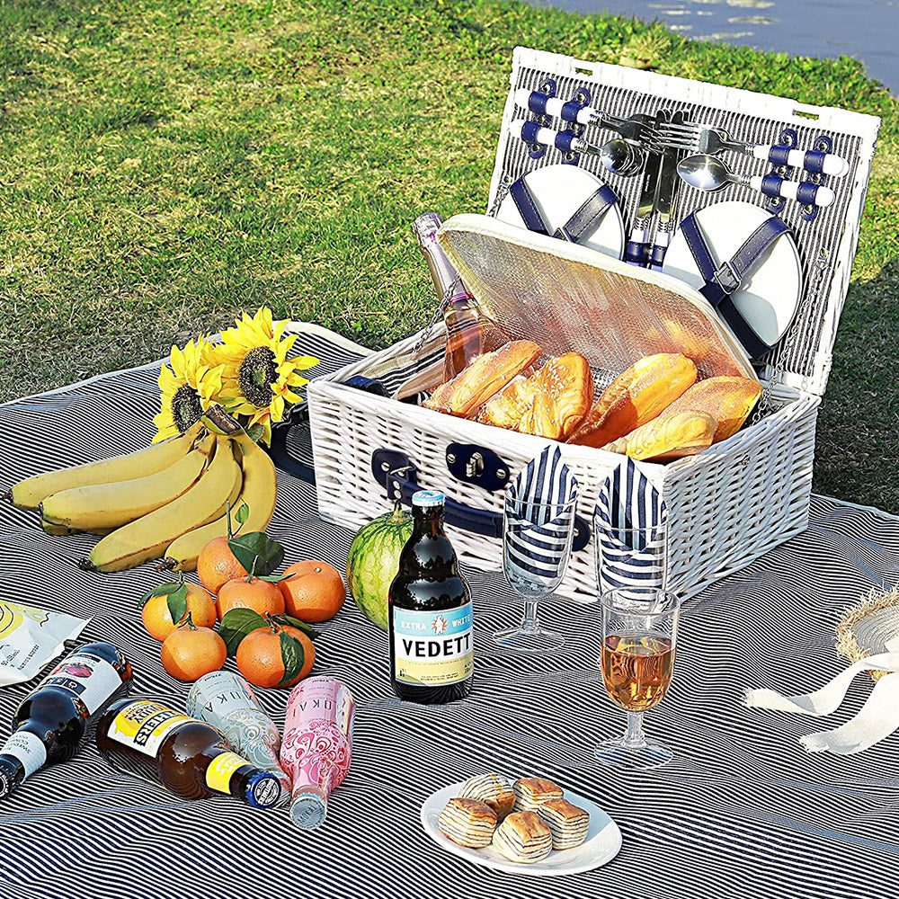 Cesta de picnic de sauce con manta de picnic plegable para 4 personas - Diseño de líneas azul marino
