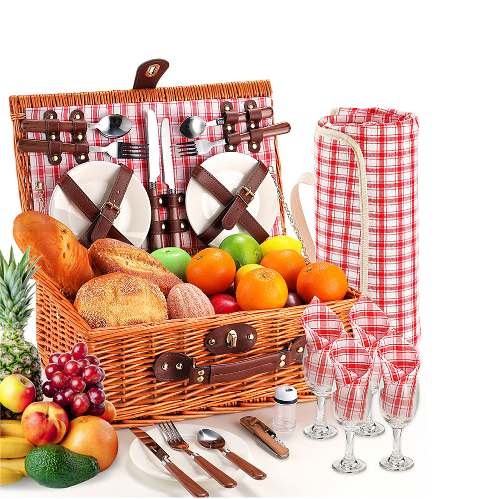 Cesta de picnic de sauce con manta de picnic plegable para 4 personas - Diseño de cuadros rosas